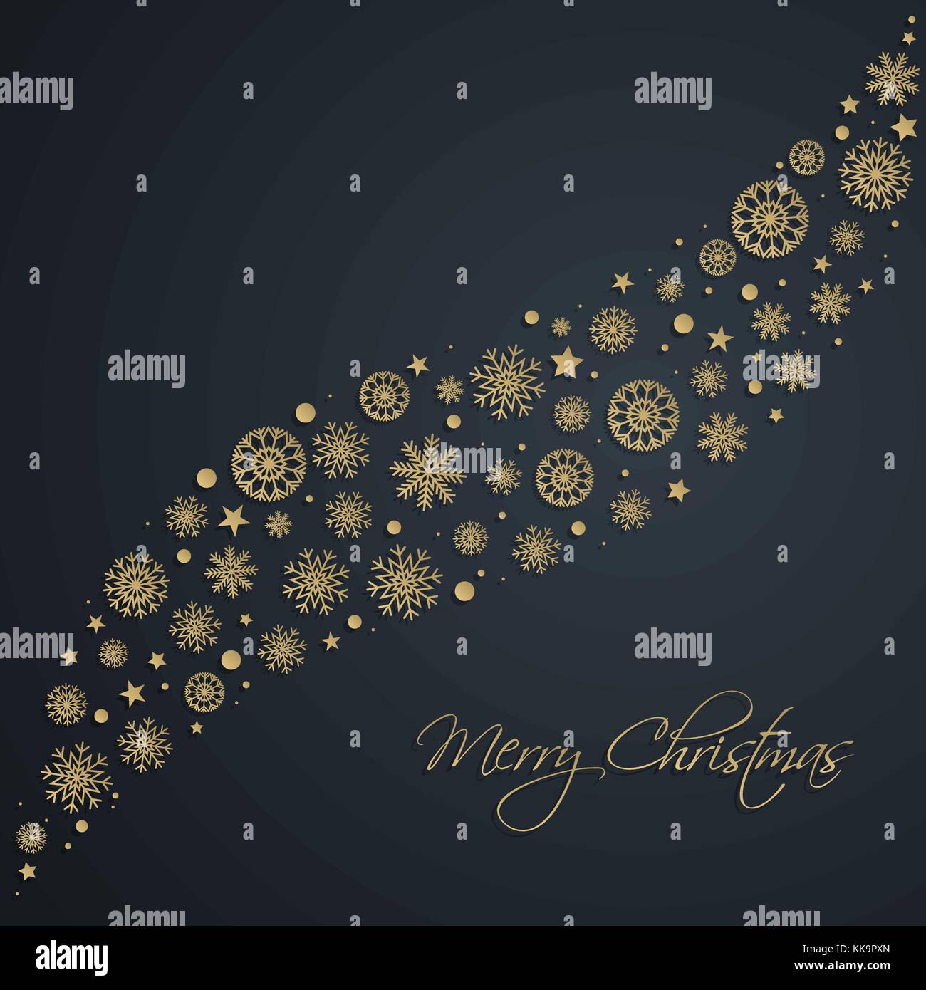 Abstract golden sfondo di Natale con i fiocchi di neve e stelle. Buon Natale di scritte per il vostro invito o un biglietto di auguri design Illustrazione Vettoriale