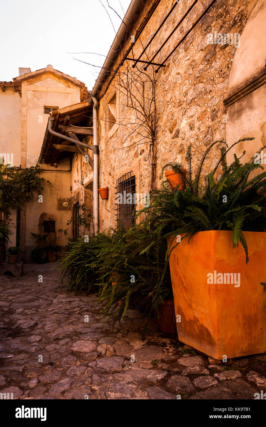 Un tranquillo cortile rustico di Valldemossa, Maiorca Spagna Foto Stock