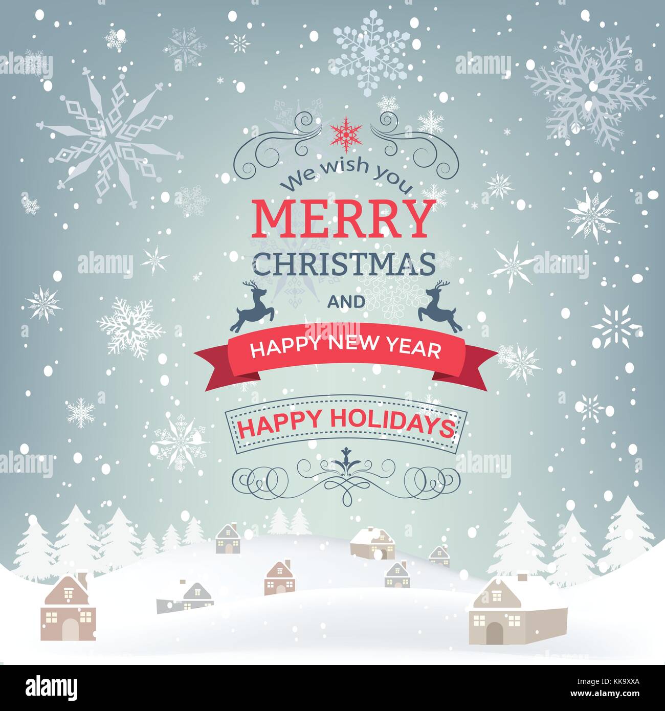 Anno nuovo e auguri di Natale design. vacanze invernali paesaggio. sfondo con i fiocchi di neve albero di natale e case. Illustrazione Vettoriale