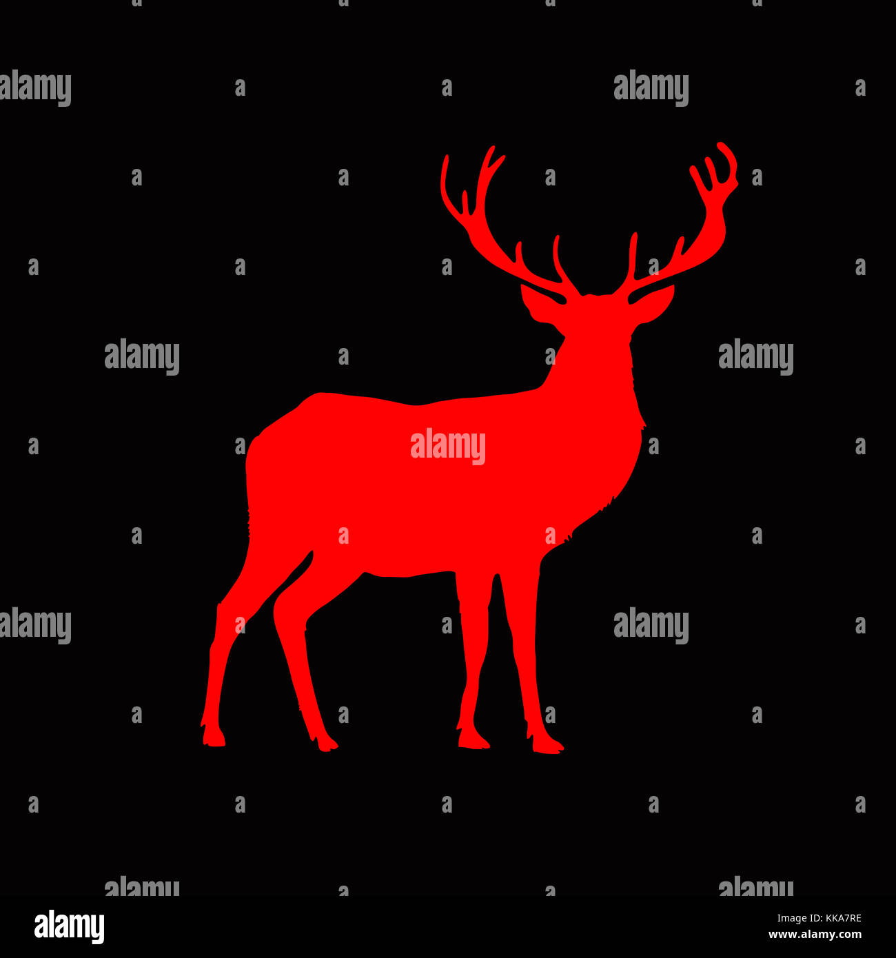 Silhouette rosso di renne con grandi corna isolati su sfondo nero. Illustrazione Vettoriale, icona, clip art, segno e simbolo di cervi per la progettazione. Foto Stock
