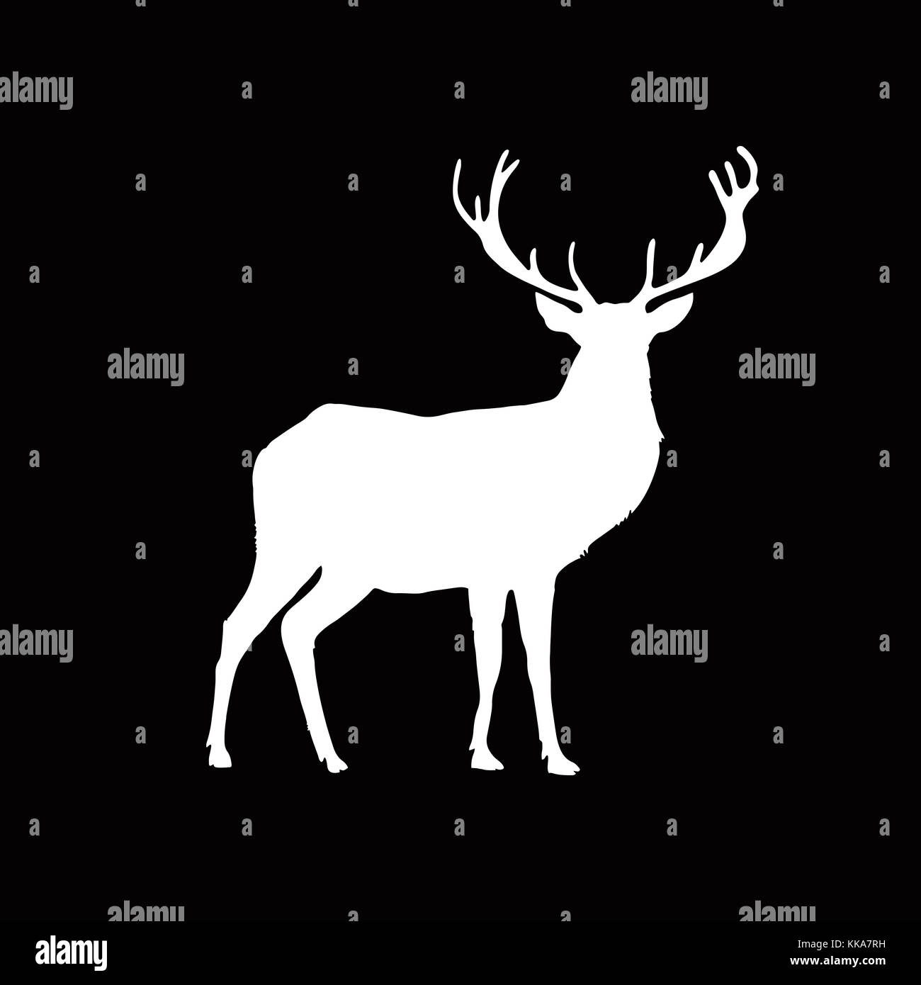 Silhouette bianca di renne con grandi corna isolati su sfondo nero. Illustrazione Vettoriale, icona, segno e simbolo di cervi. Foto Stock