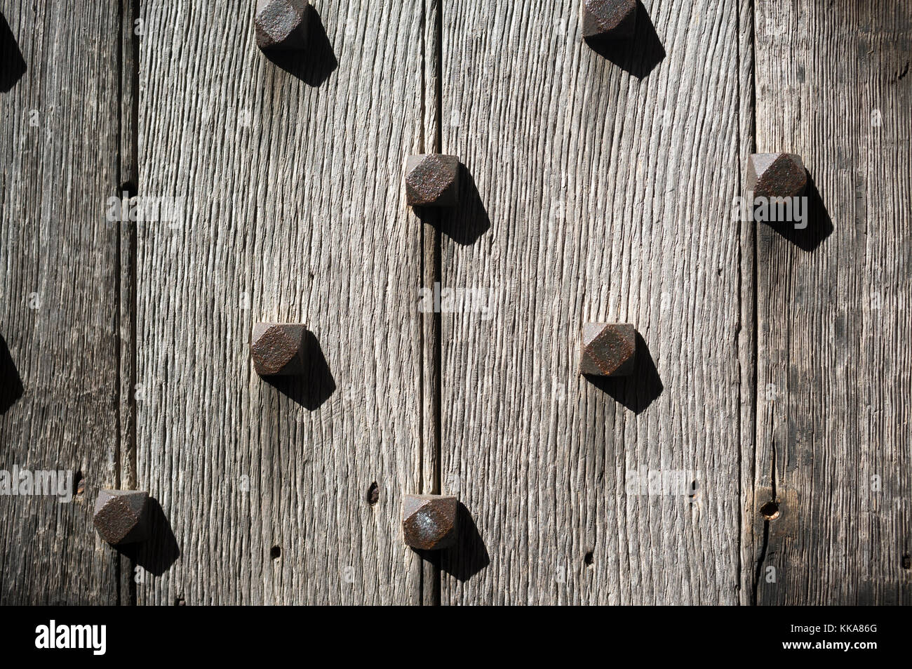 Porta in legno doghe con viti arrugginiti. Il castello di una porta o una casa nobiliare. Foto Stock