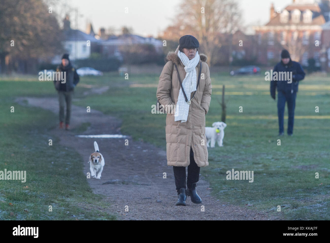 Londra, Regno Unito. 30 nov, 2017. la gente a piedi sul suolo coperto di brina sui wimbledon common su una fredda mattina come caduta di temperature di congelamento in previsione di Londra di essere il giorno più freddo dell'anno credito: amer ghazzal/alamy live news Foto Stock