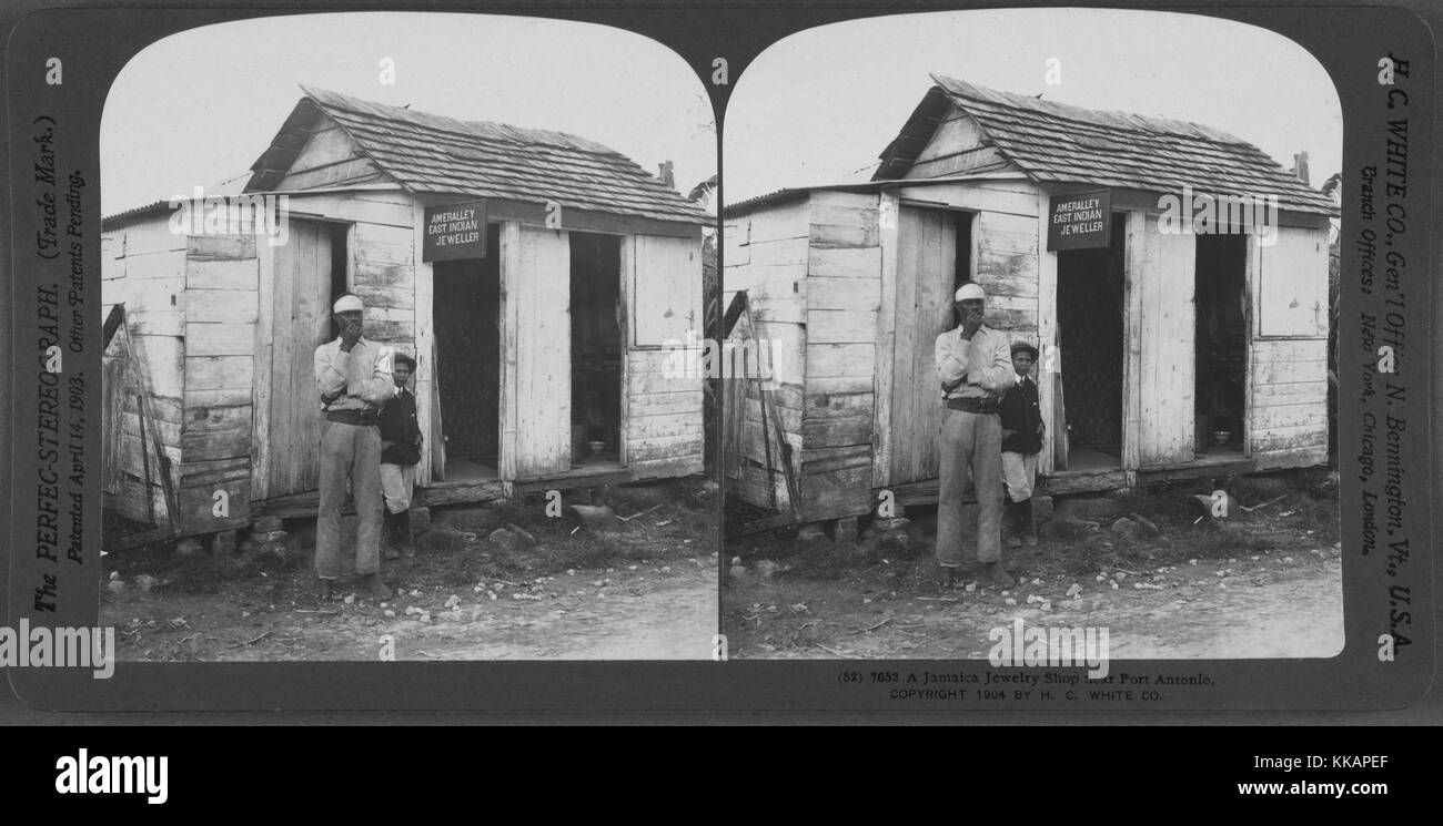 Stereopticon della Giamaica Jewlery Shop a Port Antonio, Giamaica, 1904. Dalla Biblioteca Pubblica di New York. Foto Stock