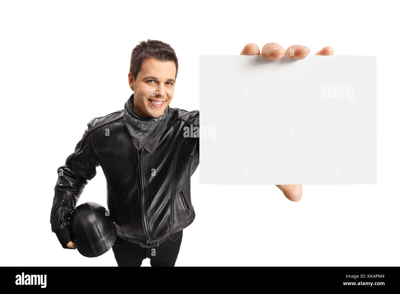 Biker che mostra una scheda vuota isolata su sfondo bianco Foto Stock