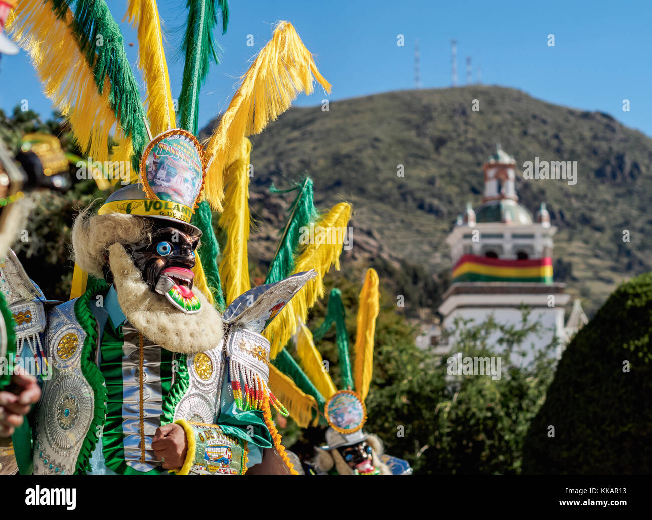 Ballerino mascherato in costume tradizionale, fiesta de la Virgen de la Candelaria, Copacabana, la paz dipartimento, Bolivia, SUD AMERICA Foto Stock