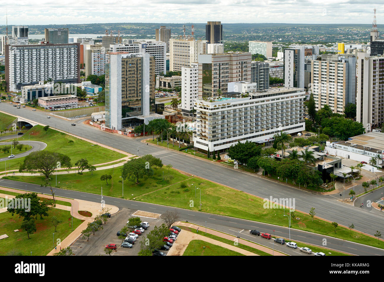 Vista del settore alberghiero a sud di Brasilia, la capitale federale del Brasile e sede del governo del Distretto Federale, Brasilia, Brasile Foto Stock