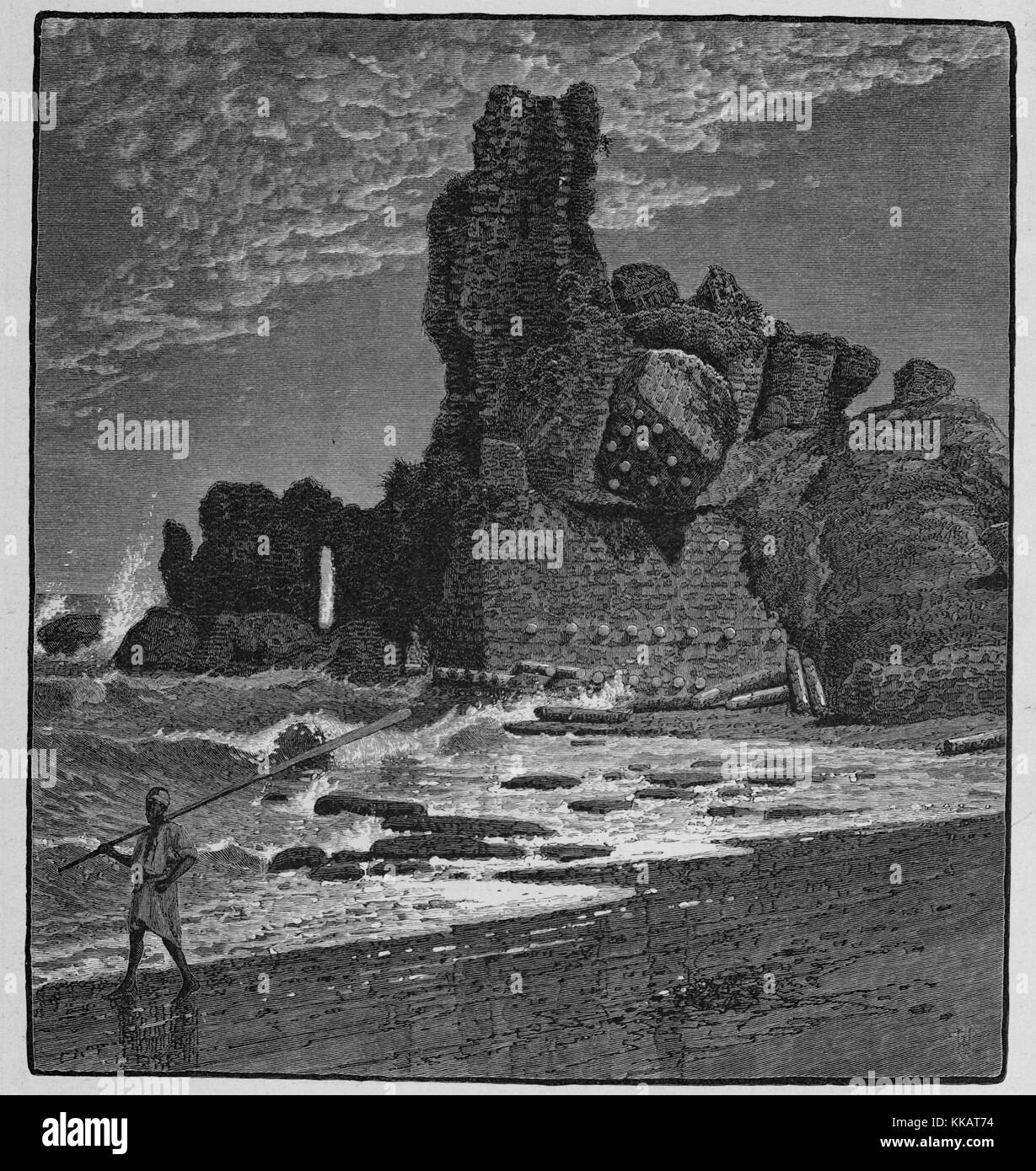 Una incisione raffigurante le rovine del castello di Cesarea, la struttura medievale aveva colonne di marmo costruita nelle pareti e si trova direttamente sul porto, Israele, 1882. Dalla Biblioteca Pubblica di New York. Foto Stock