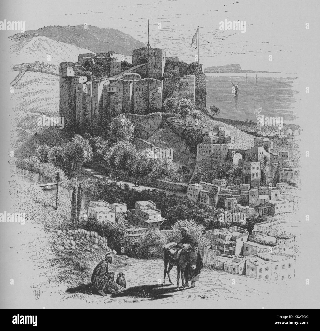 Una incisione raffigurante il castello di Tripoli noto come la cittadella di Raymond de Saint-Gilles, una roccaforte dei crociati e successivamente convertito in un penitenziario, Tripoli, Libano, 1882. Dalla Biblioteca Pubblica di New York. Foto Stock