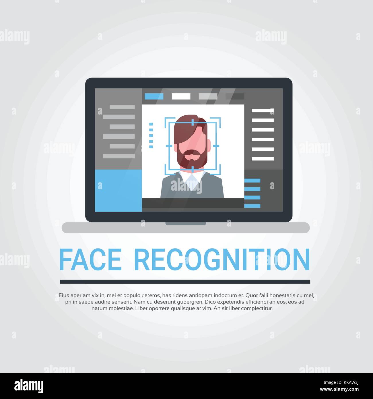 La tecnologia di riconoscimento facciale, computer portatile sistema di sicurezza scansione utente maschio identificazione biometrica concept Illustrazione Vettoriale