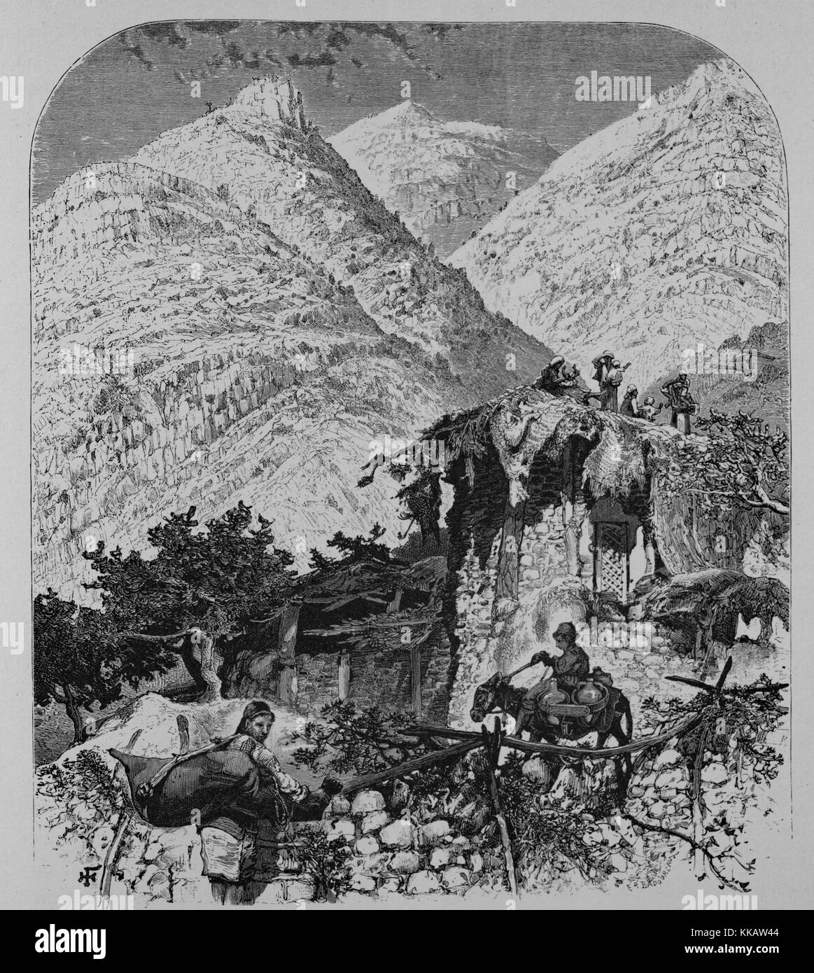 Una incisione raffigurante un panorama dal villaggio di Hebbariye, il villaggio di Shib'a, che è il più alto luogo abitato in Monte Hermon, può essere visto in un vertice in background, Libano, 1882. Dalla Biblioteca Pubblica di New York. Foto Stock