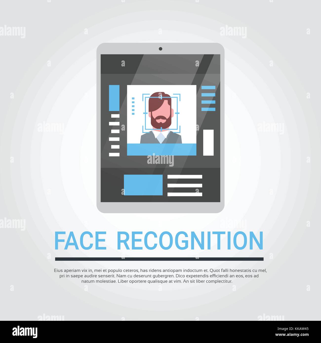 La tecnologia di riconoscimento facciale, tavoletta digitale del sistema di sicurezza scansione utente maschio identificazione biometrica concept Illustrazione Vettoriale