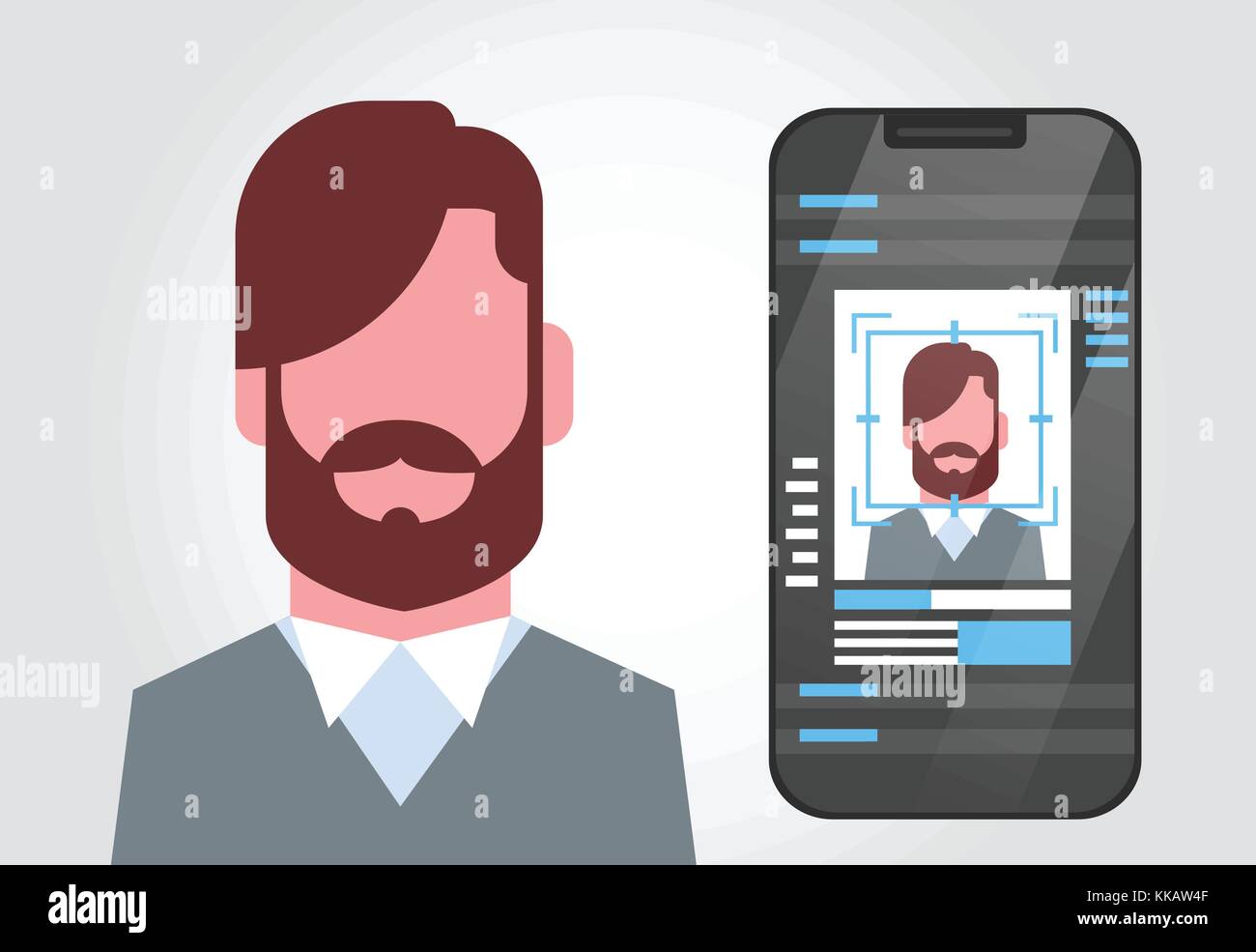 Telefono intelligente sistema di sicurezza scansione utente maschio identificazione biometrica concetto la tecnologia di riconoscimento facciale, Illustrazione Vettoriale