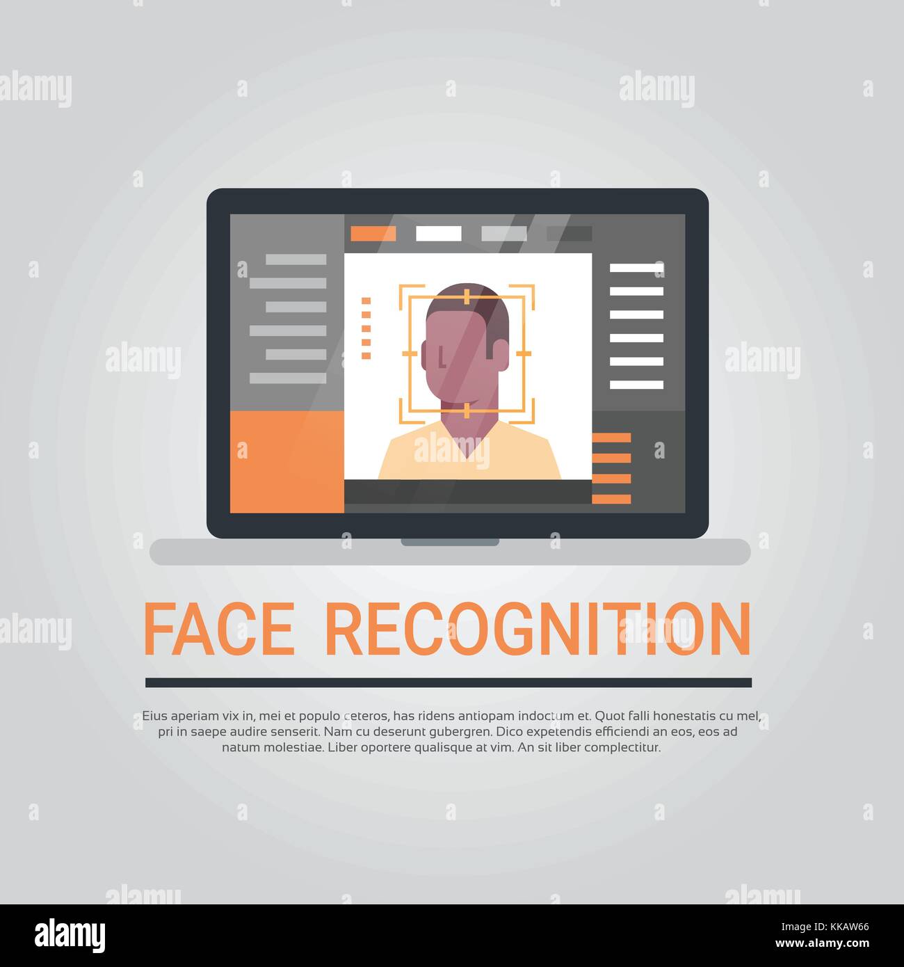 La tecnologia di riconoscimento facciale, computer portatile di sicurezza scansione del sistema americano africano utente maschio identificazione biometrica concept Illustrazione Vettoriale