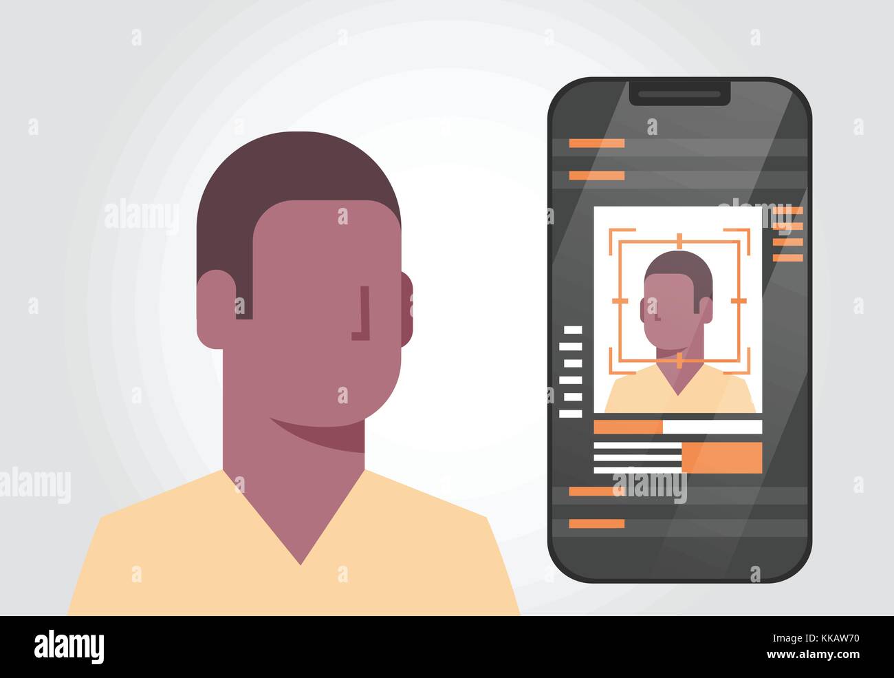 Smart phone di sicurezza scansione del sistema americano africano utente maschio identificazione biometrica concetto la tecnologia di riconoscimento facciale, Illustrazione Vettoriale