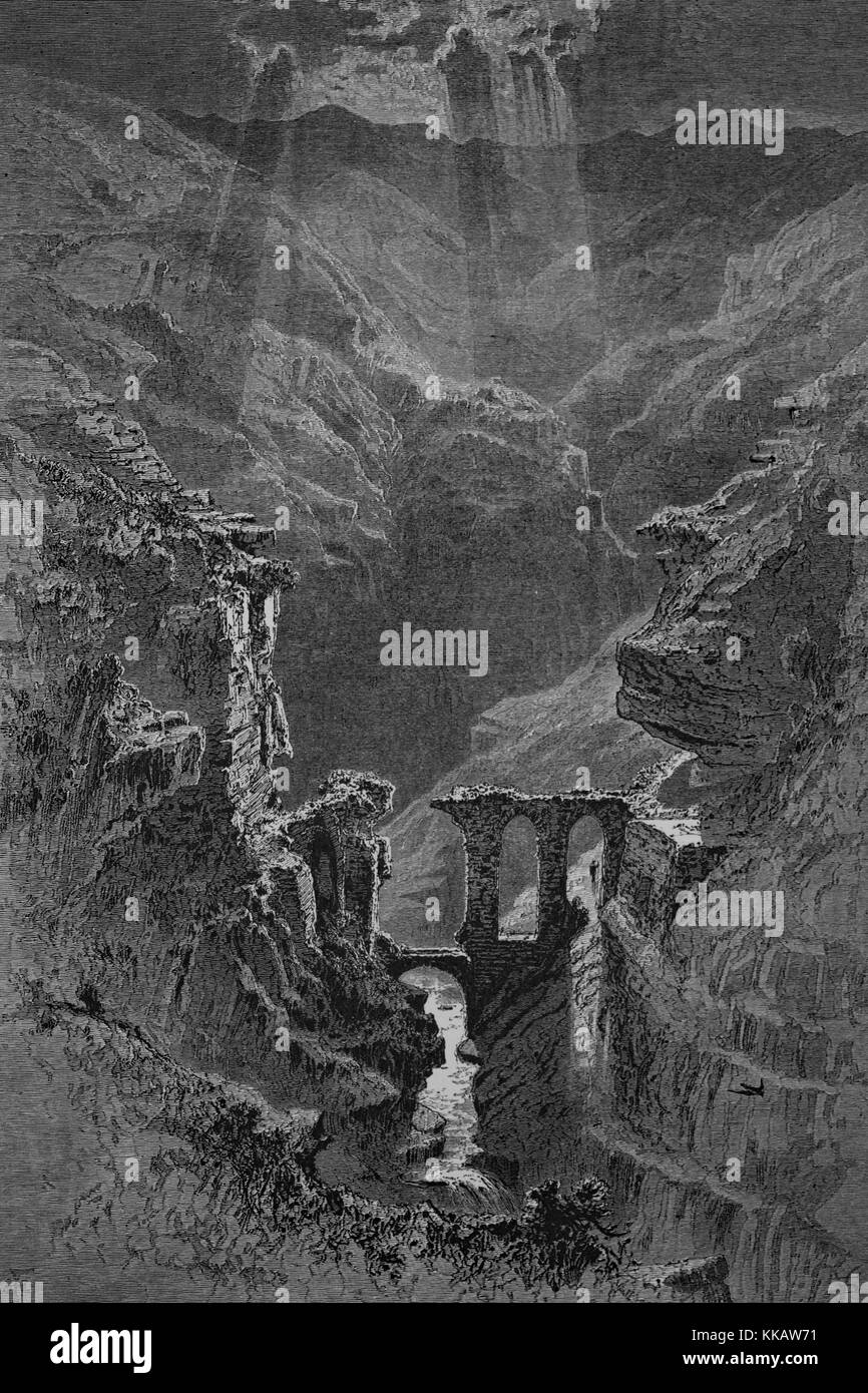 Incisione su legno raffigurante un canyon con ruderi di pietra, fiume che scorre in fondo, con la dizione "Rovine nella gola del Wady Kelt, la valle di Akor', dal libro pittoresco Palestina, Sinai, Egitto, da Sir Charles William Wilson, 1882. Dalla Biblioteca Pubblica di New York. Foto Stock