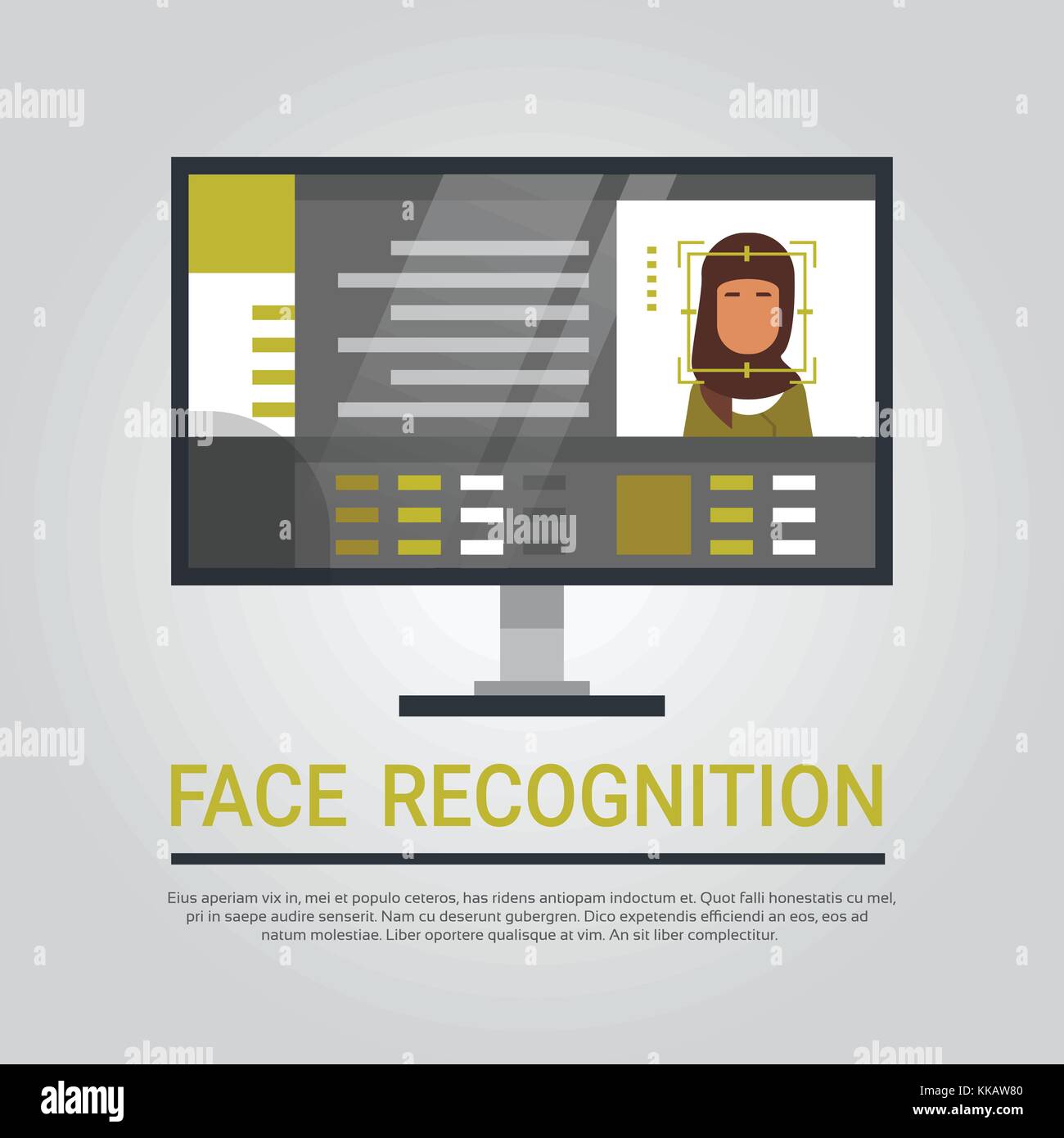 La tecnologia di riconoscimento facciale, la scansione di computer donna musulmana utente identificazione biometrica concept Illustrazione Vettoriale