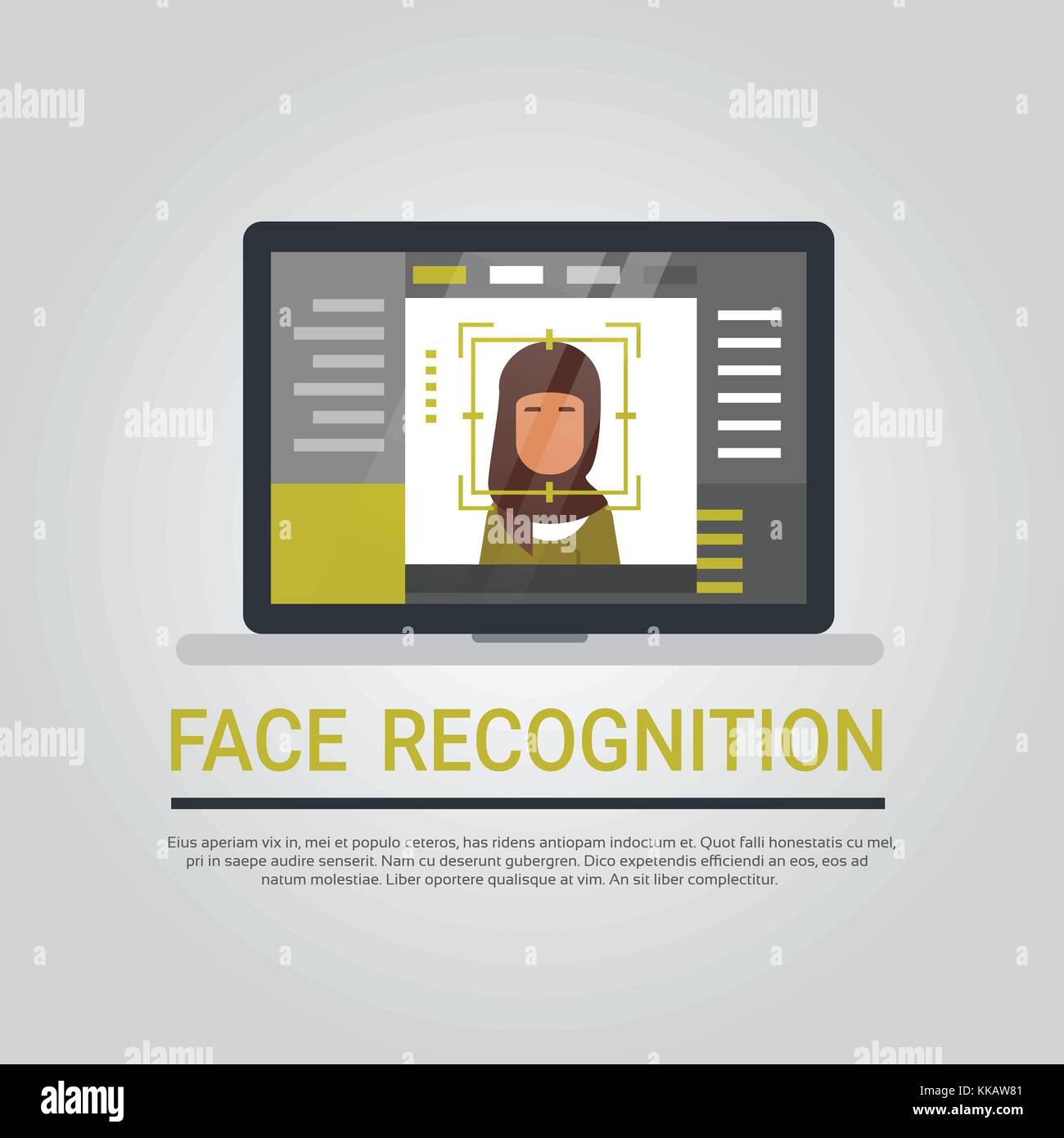 La tecnologia di riconoscimento facciale, computer portatile sistema di sicurezza scansione donna araba utente identificazione biometrica concept Illustrazione Vettoriale