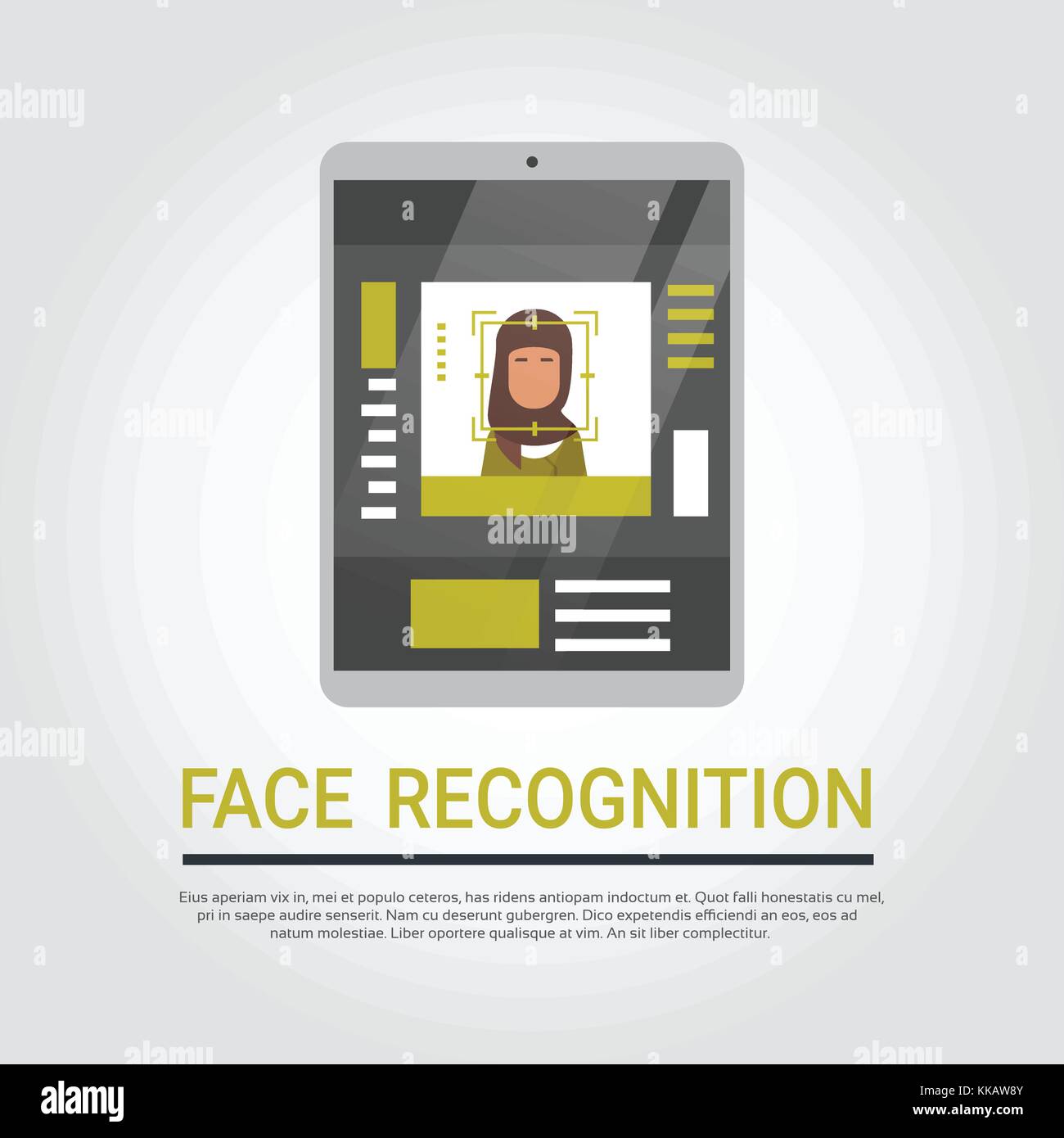 La tecnologia di riconoscimento facciale, tavoletta digitale del sistema di sicurezza islamica di scansione utente femmina identificazione biometrica concept Illustrazione Vettoriale