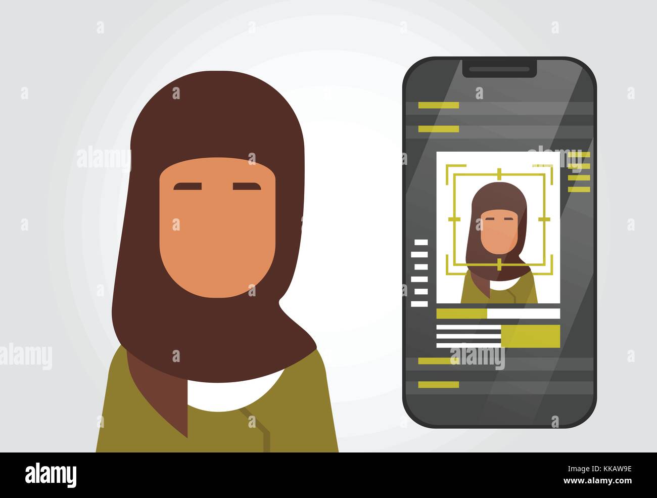 Telefono intelligente sistema di sicurezza scansione donna musulmana utente identificazione biometrica concetto la tecnologia di riconoscimento facciale, Illustrazione Vettoriale