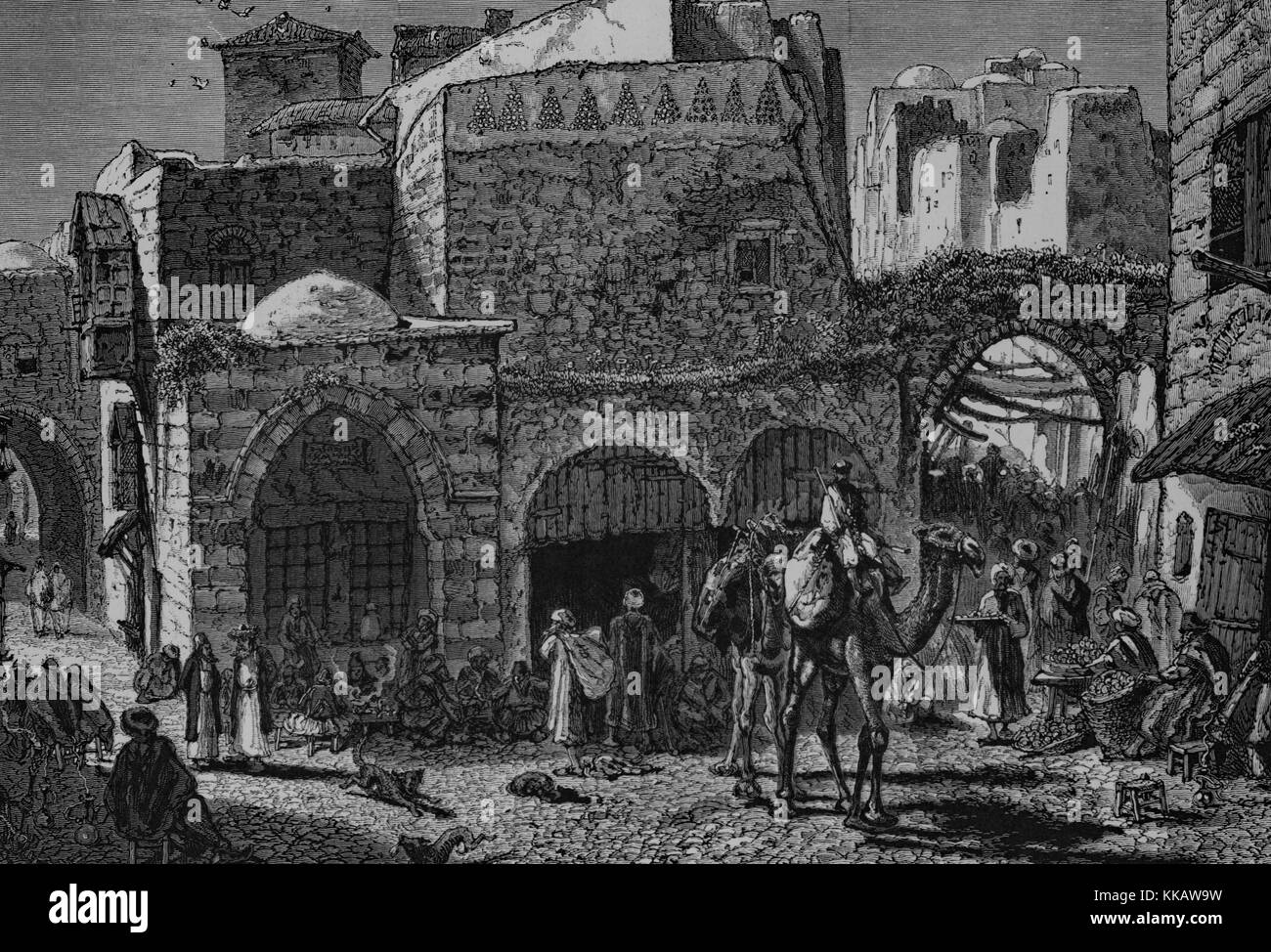 Una incisione raffigurante un gruppo di Beduini al di fuori di un cafe, soldati turchi di mangiare la prima colazione e un gruppo di frutta e verdura del mercato tutti raccolti per la strada della porta di Damasco, Siria, 1882. Dalla Biblioteca Pubblica di New York. Foto Stock