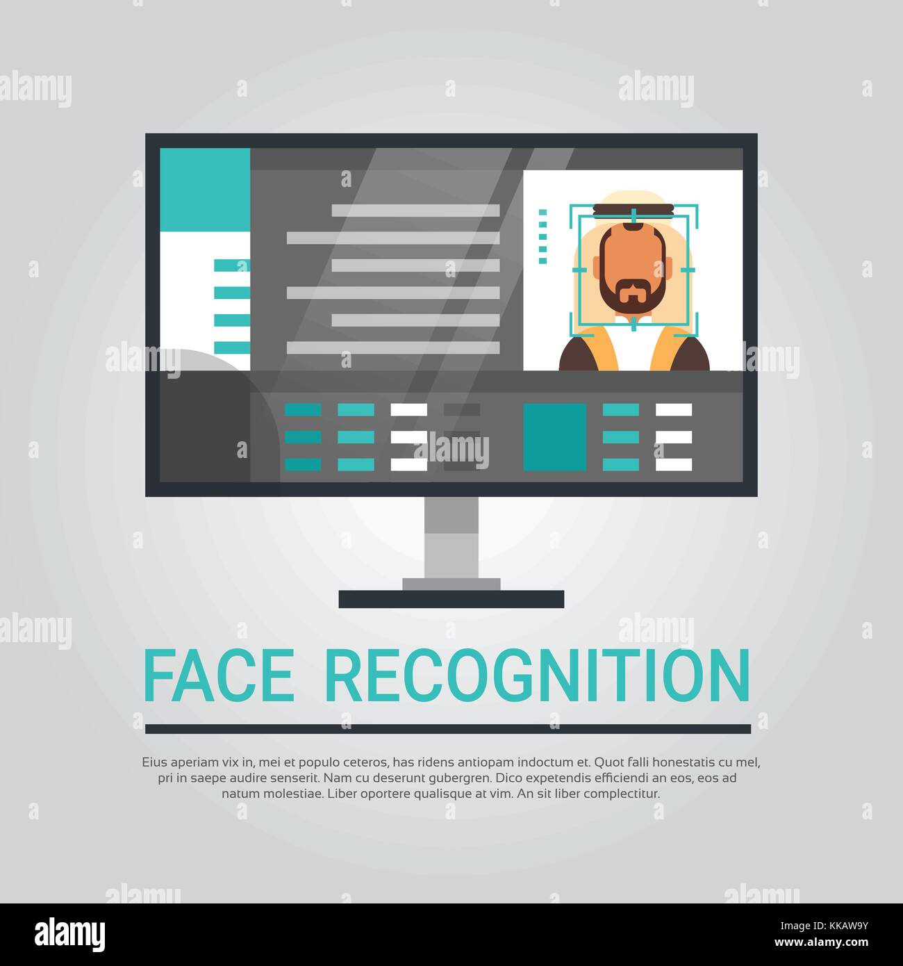 La tecnologia di riconoscimento facciale, computer scansione maschio musulmano utente identificazione biometrica concept Illustrazione Vettoriale