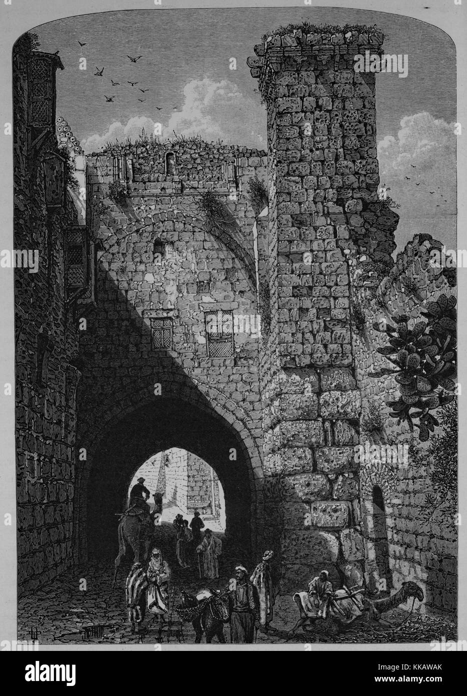 Una incisione raffigurante la gente riuniranno e viaggia attraverso un arco in pietra all'Antonia, la fortezza fu costruita come una caserma militare e così chiamato in onore di Marco Antonio, Gerusalemme, Israele, 1882. Dalla Biblioteca Pubblica di New York. Foto Stock