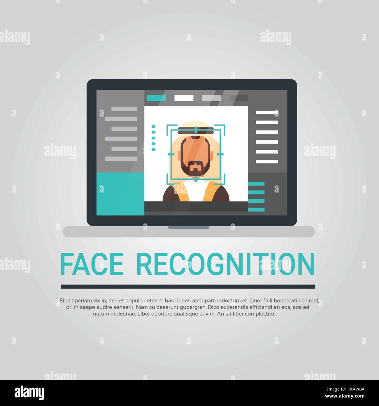 La tecnologia di riconoscimento facciale, laptop computer security scansione di sistema uomo arabo utente identificazione biometrica concept Illustrazione Vettoriale