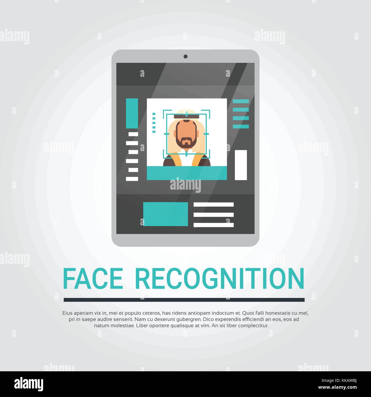La tecnologia di riconoscimento facciale, tavoletta digitale del sistema di sicurezza scansione maschio islamico utente identificazione biometrica concept Illustrazione Vettoriale