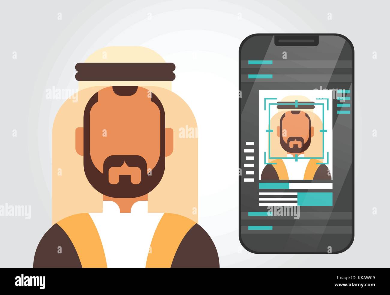 Telefono intelligente sistema di sicurezza scansione uomo musulmano utente identificazione biometrica concetto la tecnologia di riconoscimento facciale, Illustrazione Vettoriale