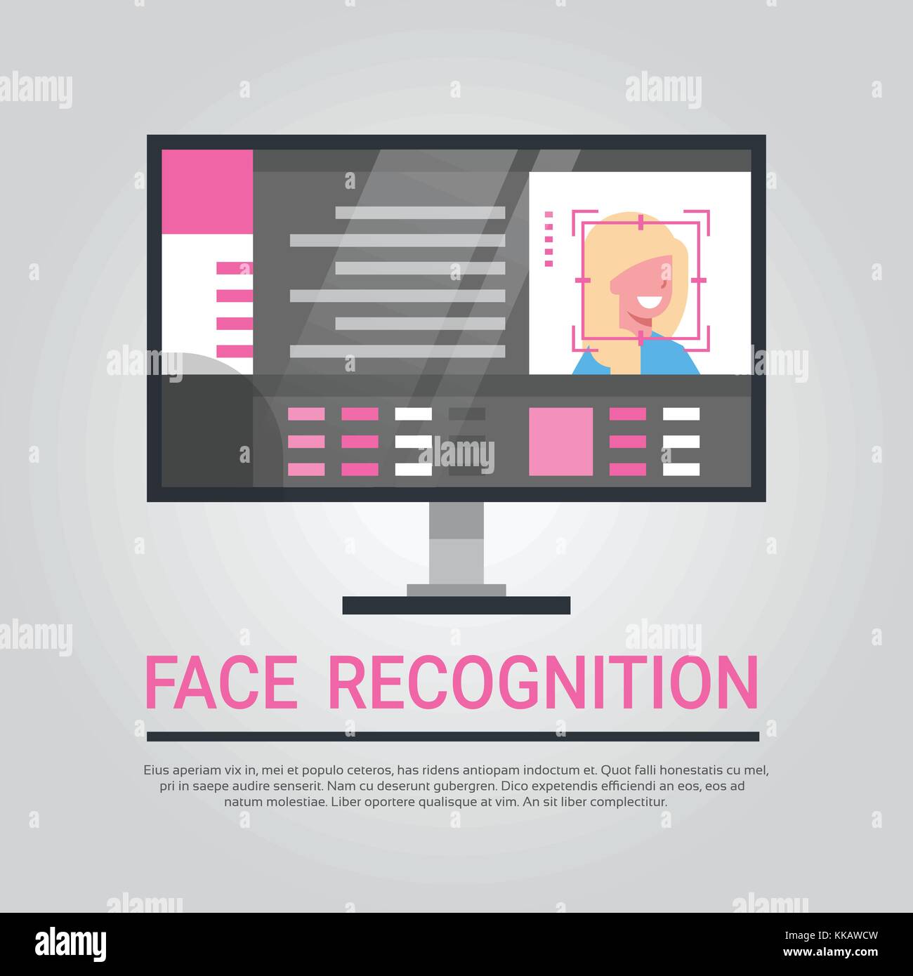 La tecnologia di riconoscimento facciale, computer security scansione di sistema utente femmina identificazione biometrica concept Illustrazione Vettoriale