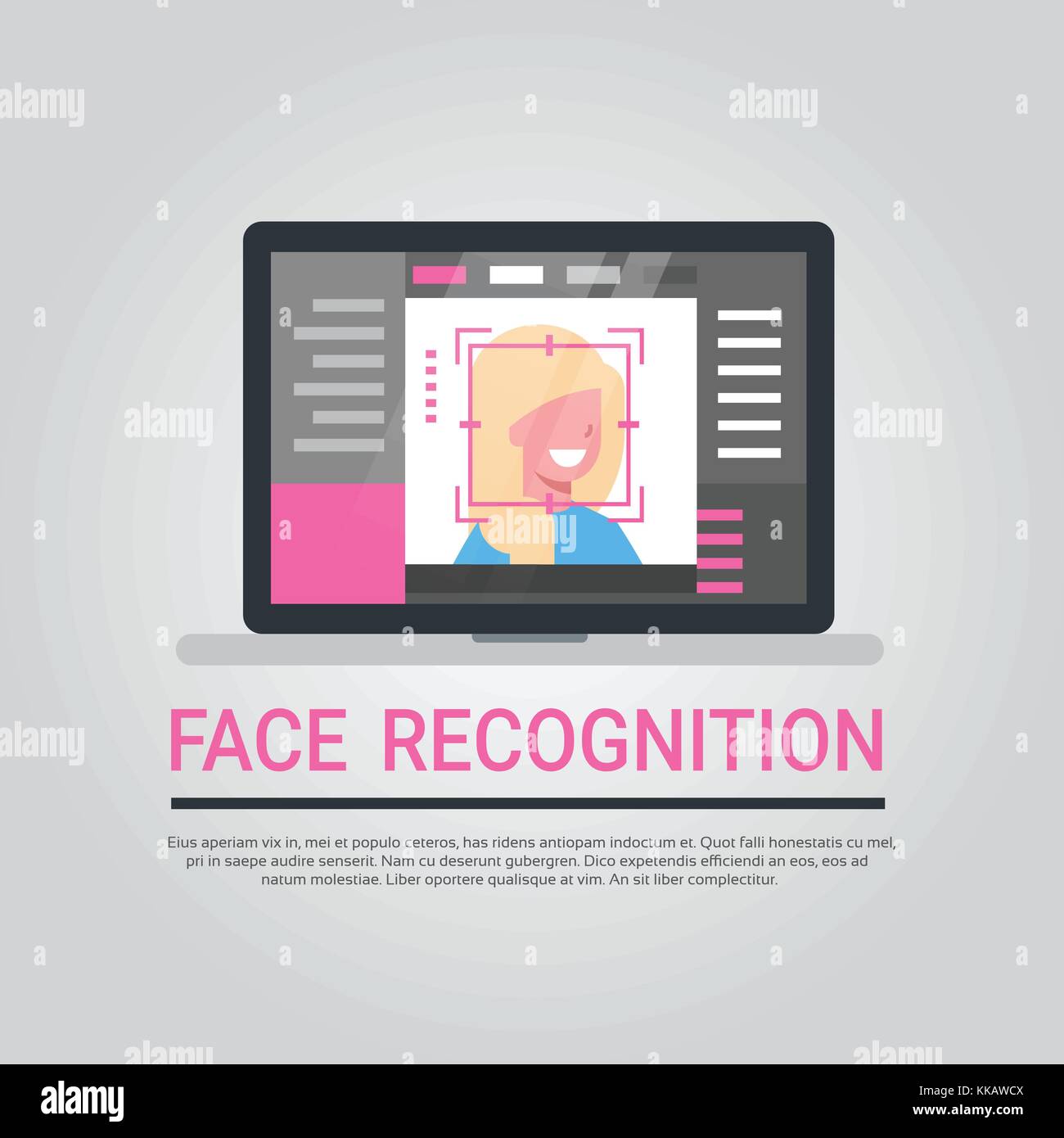 La tecnologia di riconoscimento facciale, computer portatile sistema di sicurezza scansione utente femmina identificazione biometrica concept Illustrazione Vettoriale