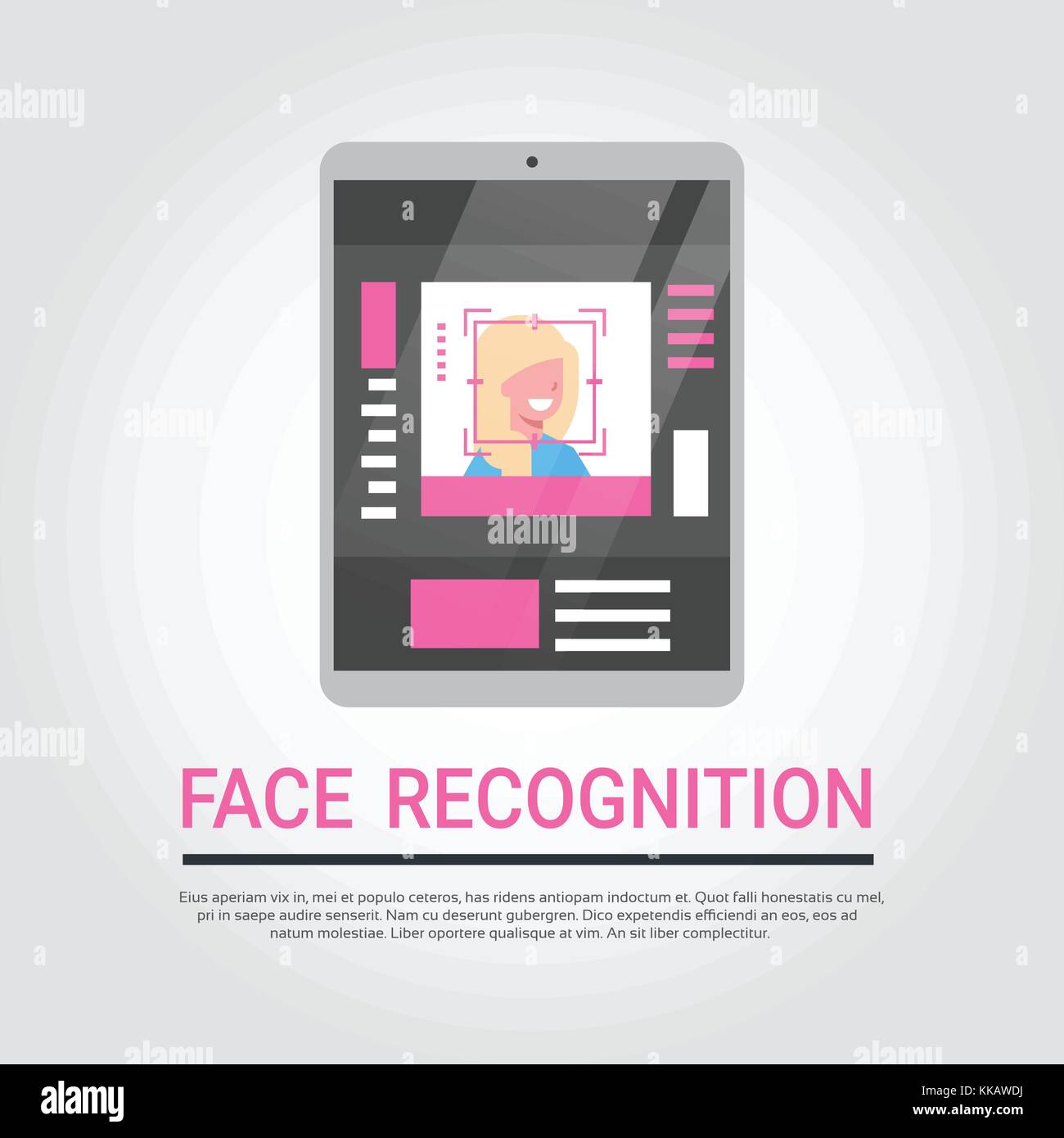 La tecnologia di riconoscimento facciale, tavoletta digitale del sistema di sicurezza scansione utente femmina identificazione biometrica concept Illustrazione Vettoriale