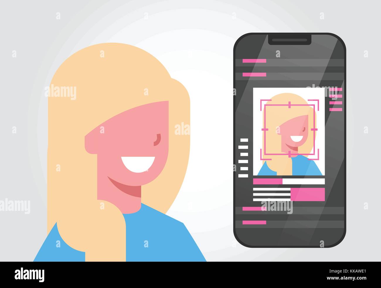 Telefono intelligente sistema di sicurezza scansione utente femmina identificazione biometrica concetto la tecnologia di riconoscimento facciale, Illustrazione Vettoriale