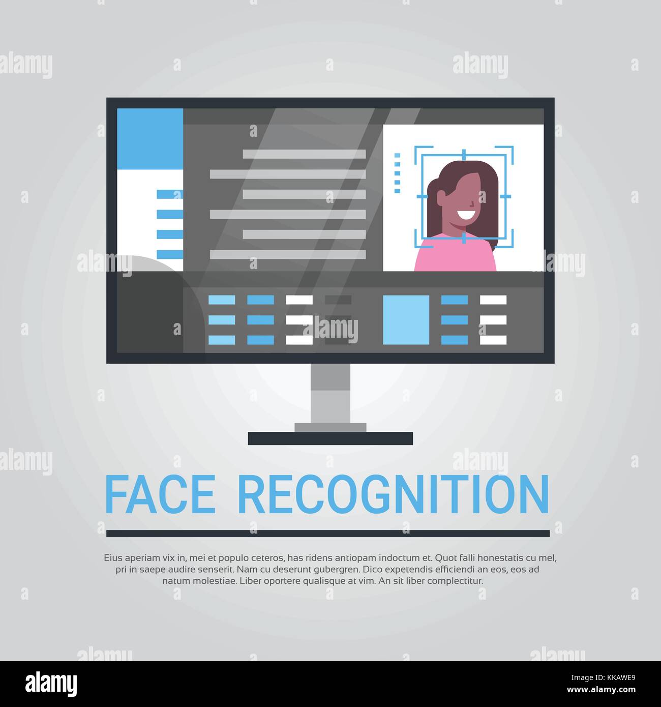 La tecnologia di riconoscimento facciale, computer security scansione del sistema americano africano utente femmina identificazione biometrica concept Illustrazione Vettoriale