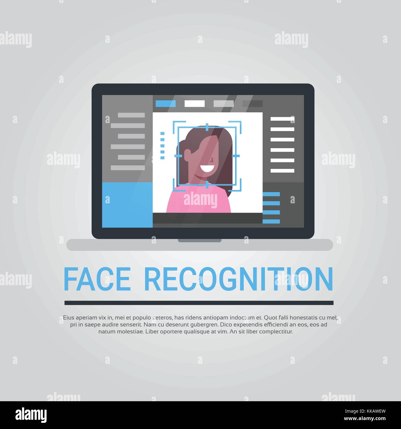 La tecnologia di riconoscimento facciale, computer portatile di sicurezza scansione del sistema americano africano utente femmina identificazione biometrica concept Illustrazione Vettoriale