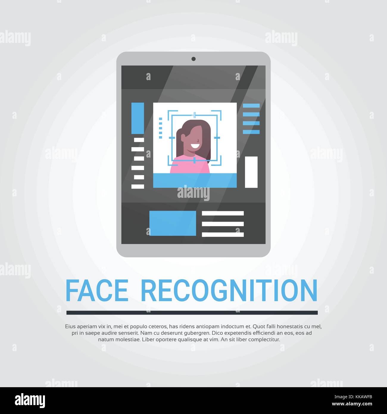La tecnologia di riconoscimento facciale, tavoletta digitale di sicurezza scansione del sistema americano africano utente femmina identificazione biometrica concept Illustrazione Vettoriale