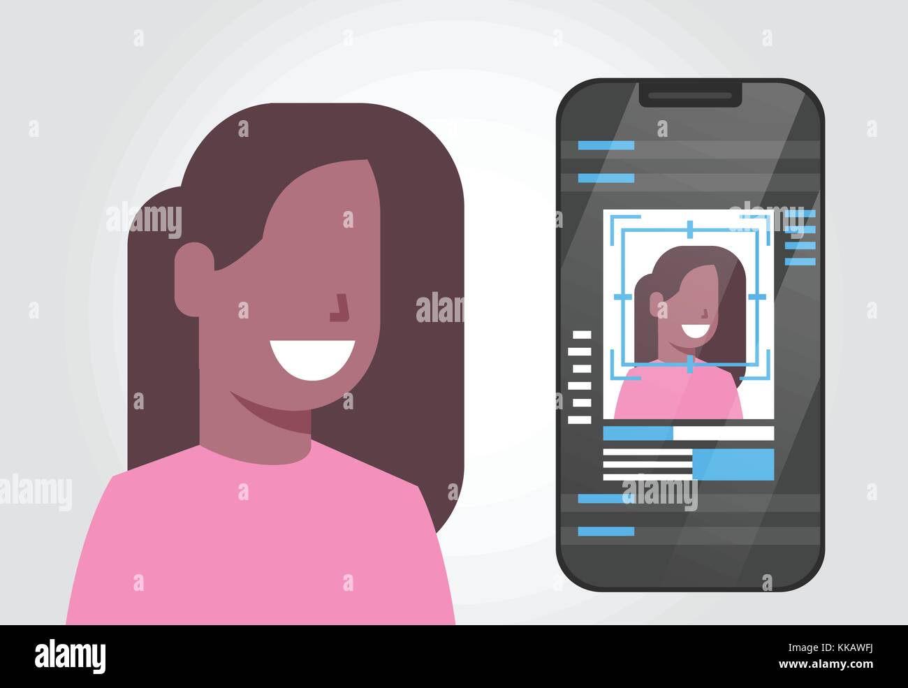 Smart phone di sicurezza scansione del sistema americano africano utente femmina identificazione biometrica concetto la tecnologia di riconoscimento facciale, Illustrazione Vettoriale