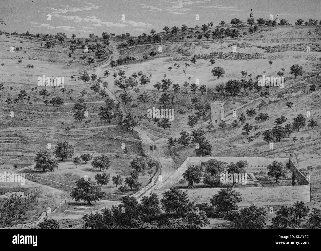 Litografia raffigurante un panorama di colline, alberi, una strada, e alcune strutture di pietra, intitolato 'Mount di olive e il giardino del Getsemani", 1864. Dalla Biblioteca Pubblica di New York. Foto Stock