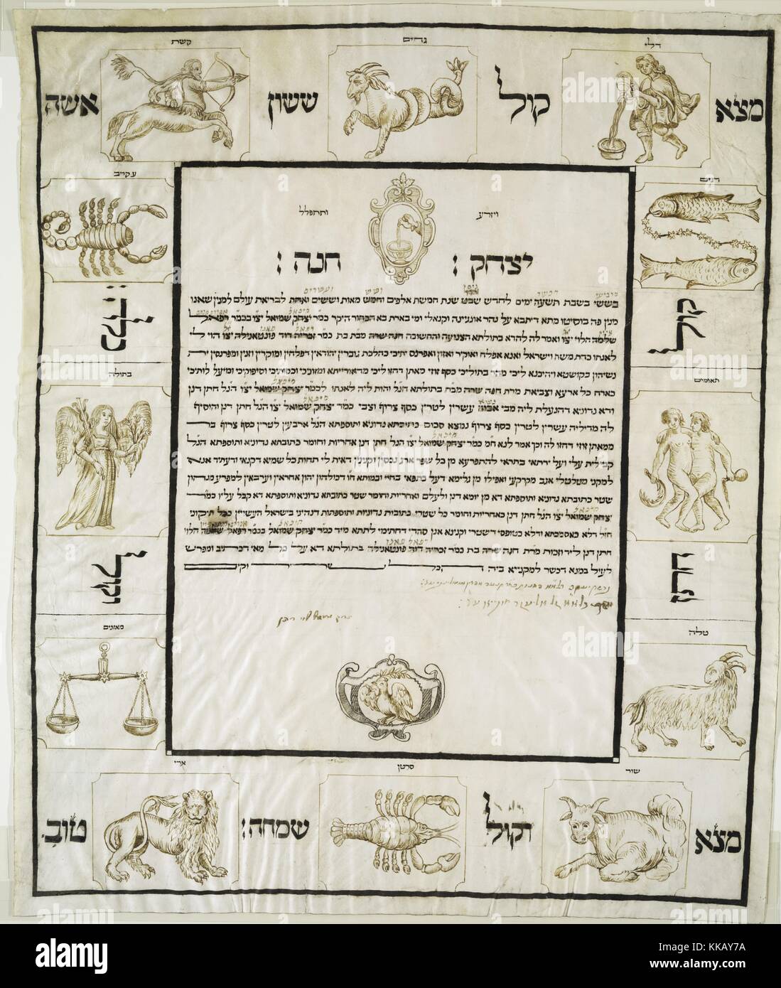 Una pagina da una Ketubah, che è una forma di contratto di matrimonio in ebraico tradizione religiosa, decorato con i simboli dello Zodiaco, Busseto, Italia, 1801. Dalla Biblioteca Pubblica di New York. Foto Stock