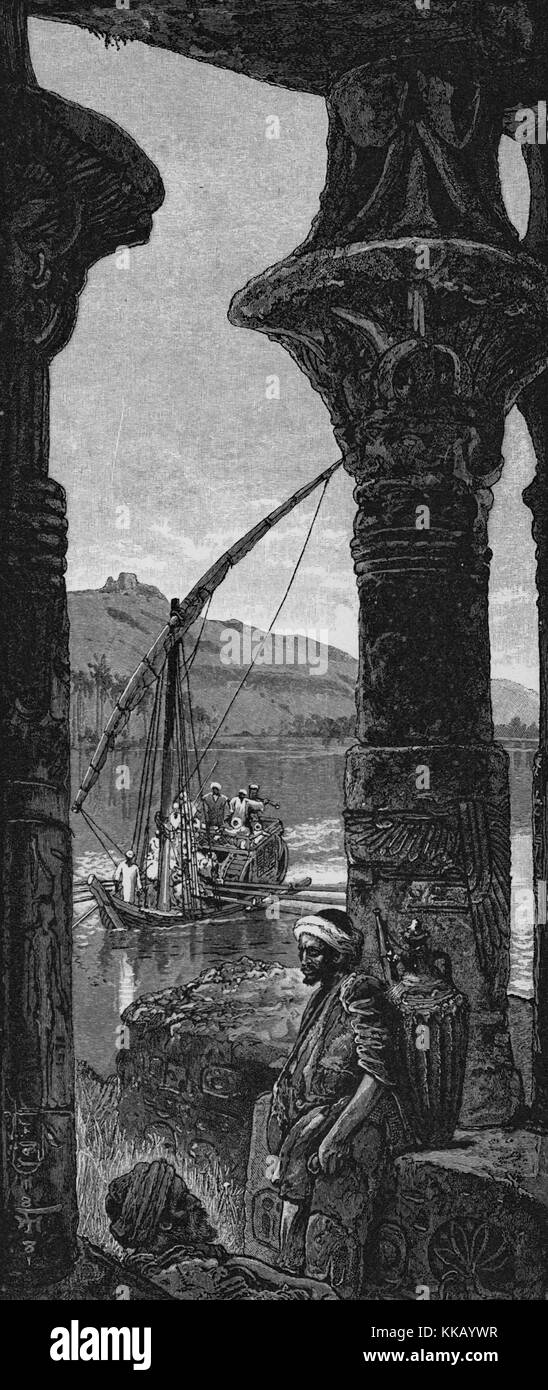 Incisione su legno raffigurante un uomo appoggiato a colonne egiziane, una barca a vela in background, intitolato "guardando a sud di Philae', dal libro "pittoresco Palestina, Sinai, Egitto", da Sir Charles William Wilson, 1882. Dalla Biblioteca Pubblica di New York. Foto Stock