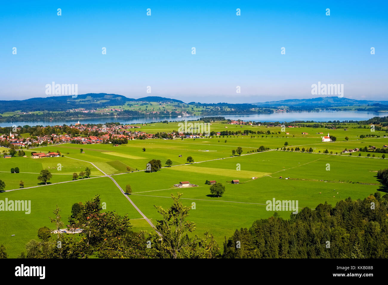 Vista di Waltenhofen e Schwangau con Forggensee, Königswinkel, Ostallgäu, Allgäu, Svevia, Baviera, Germania Foto Stock