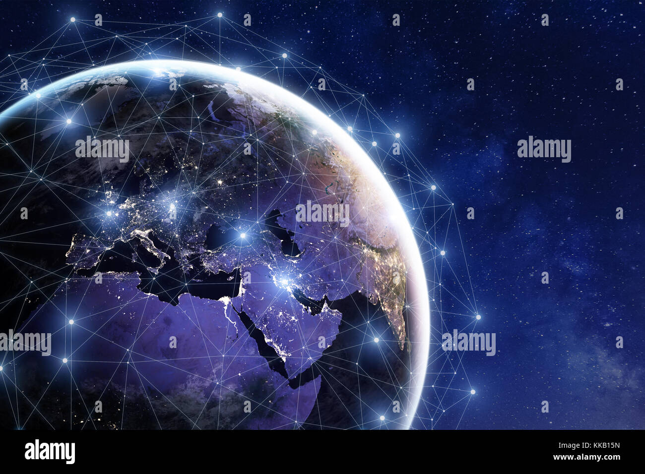 Rete di comunicazione attorno alla terra utilizzato a livello mondiale per i collegamenti internazionali per la finanza, banche, internet, IoT e cryptocurrencies, fintech conc Foto Stock