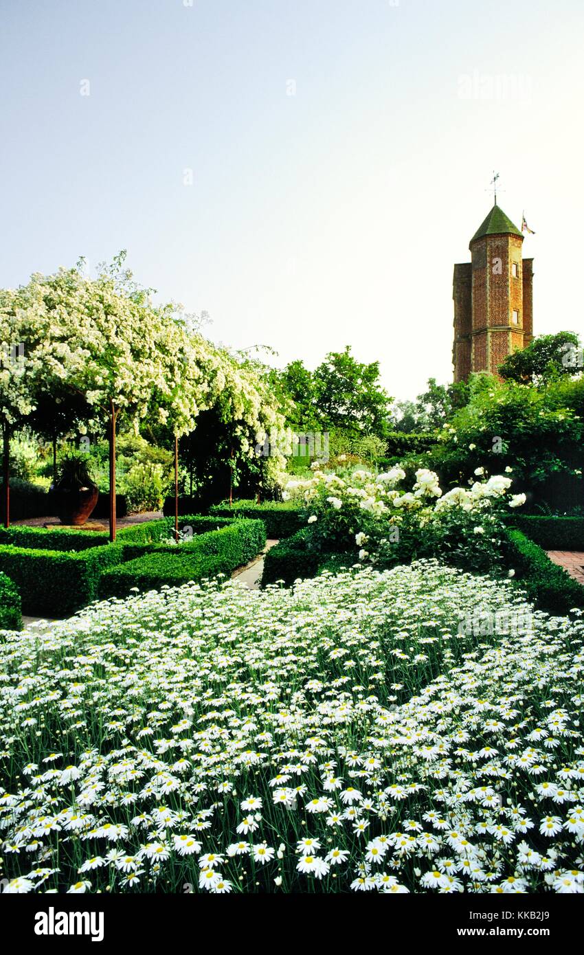 Il giardino Bianco presso il castello di Sissinghurst, Kent, Inghilterra, verso la torre Elizabethan. Casa della Vita Sackville West. Foto Stock