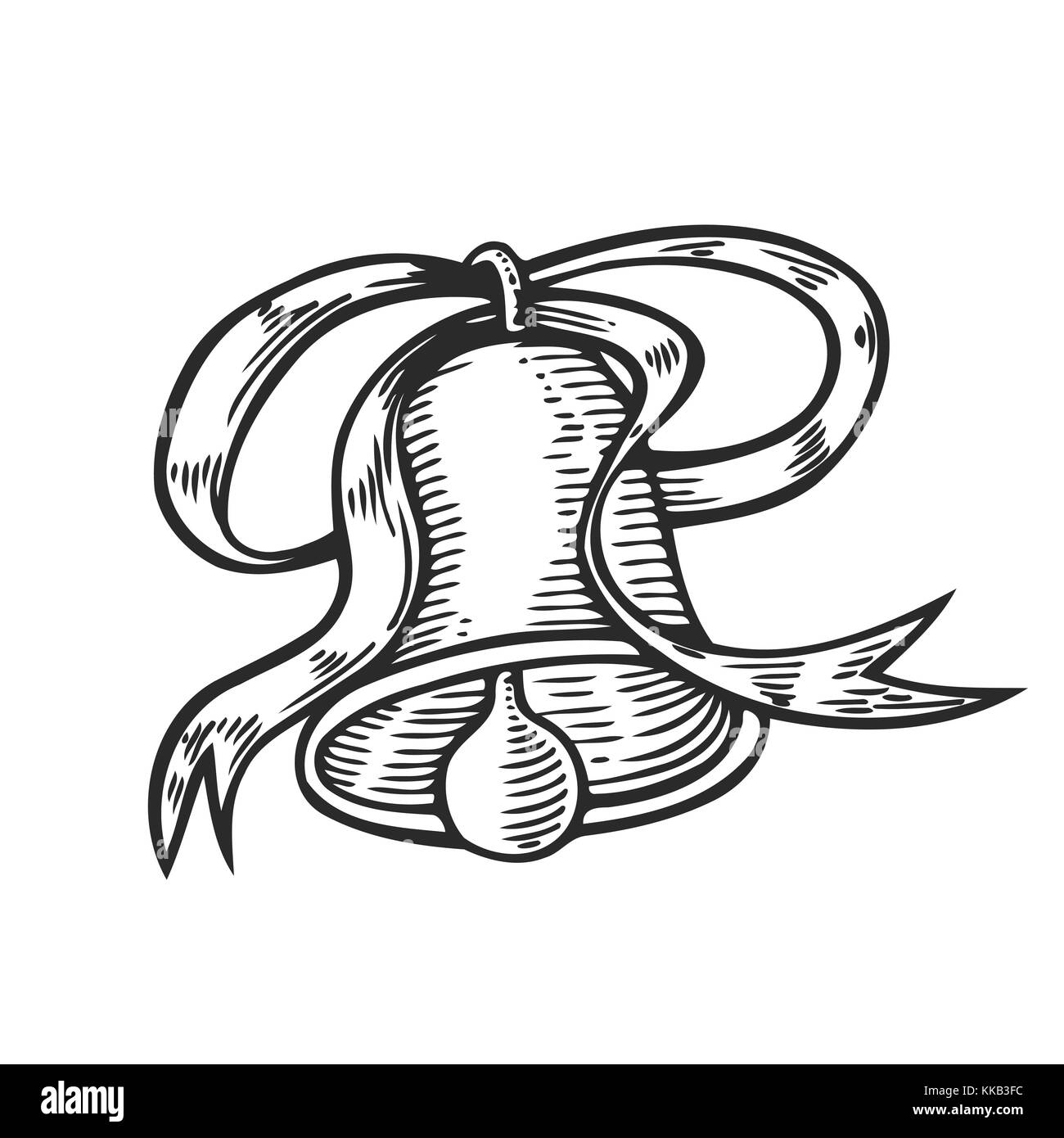 Disegnato a mano campana di incisione con fiocco rosso. Impianto di natale retrò stile vintage. Natale romantico illustrazione. biglietto di auguri design. nuovo anno di vischio Illustrazione Vettoriale