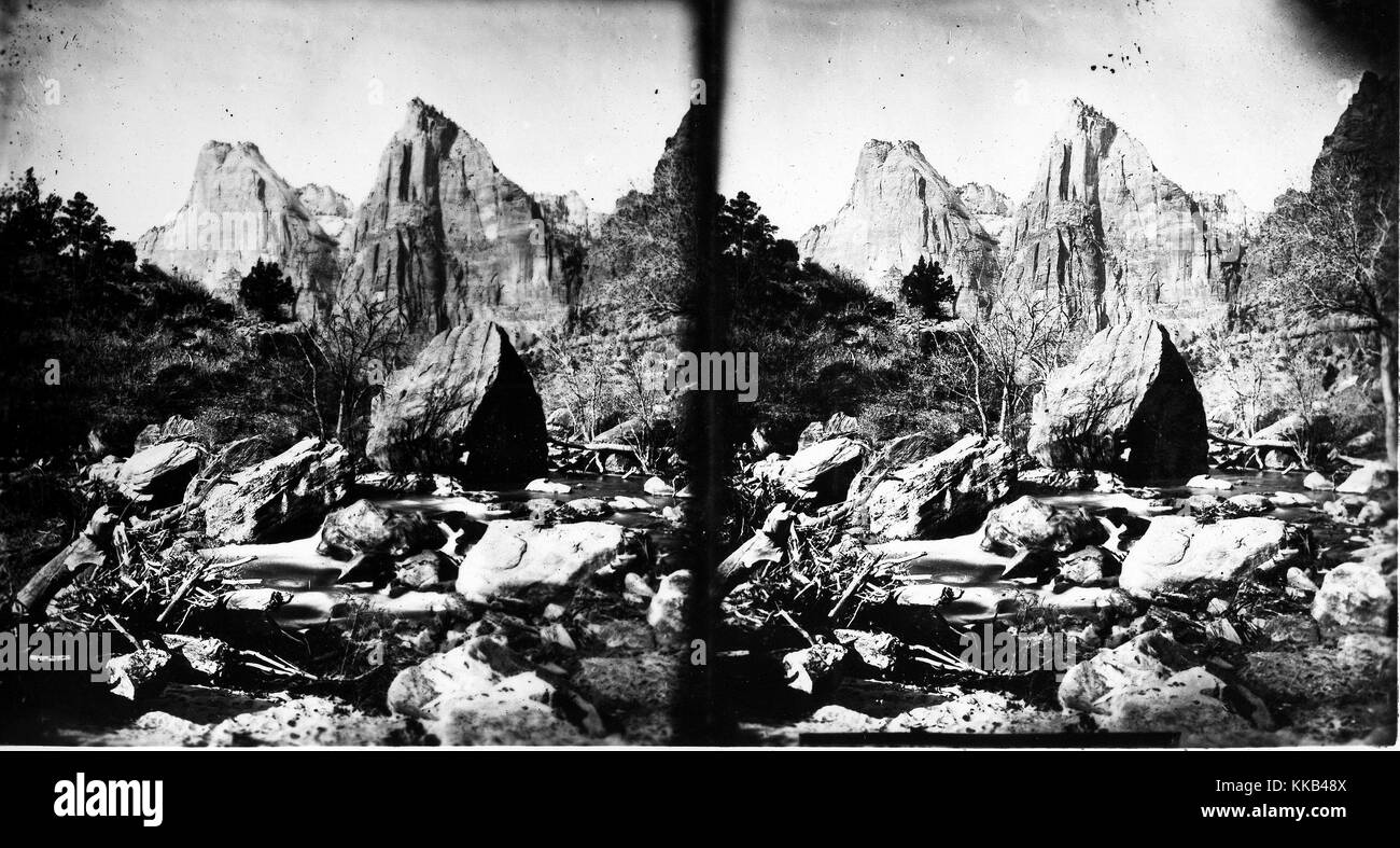 Stereografia del paesaggio nel Parco Nazionale di Zion vicino al fiume vergine, Utah. Immagine cortesia USGS. 1875. Foto Stock