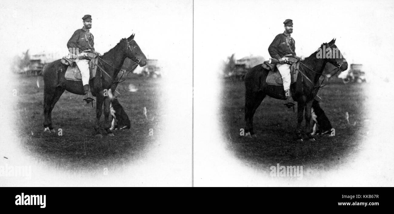 Uno stereografo di un dipendente USGS identificato come L.A. Bartlett montato a cavallo, 1870. Immagine gentilmente concessa da USGS. Foto Stock