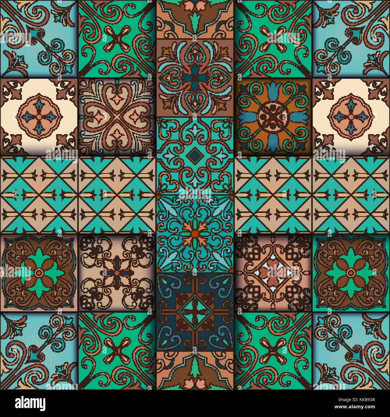 Modello senza cuciture con piastrelle portoghesi in talavera stile. azulejo, marocchini, ornamenti messicano Illustrazione Vettoriale