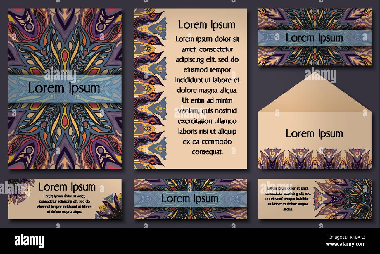 Set di modelli di invito con colorate mandala tribali etnici di nozze e biglietti di invito. illustrazione vettoriale. Illustrazione Vettoriale