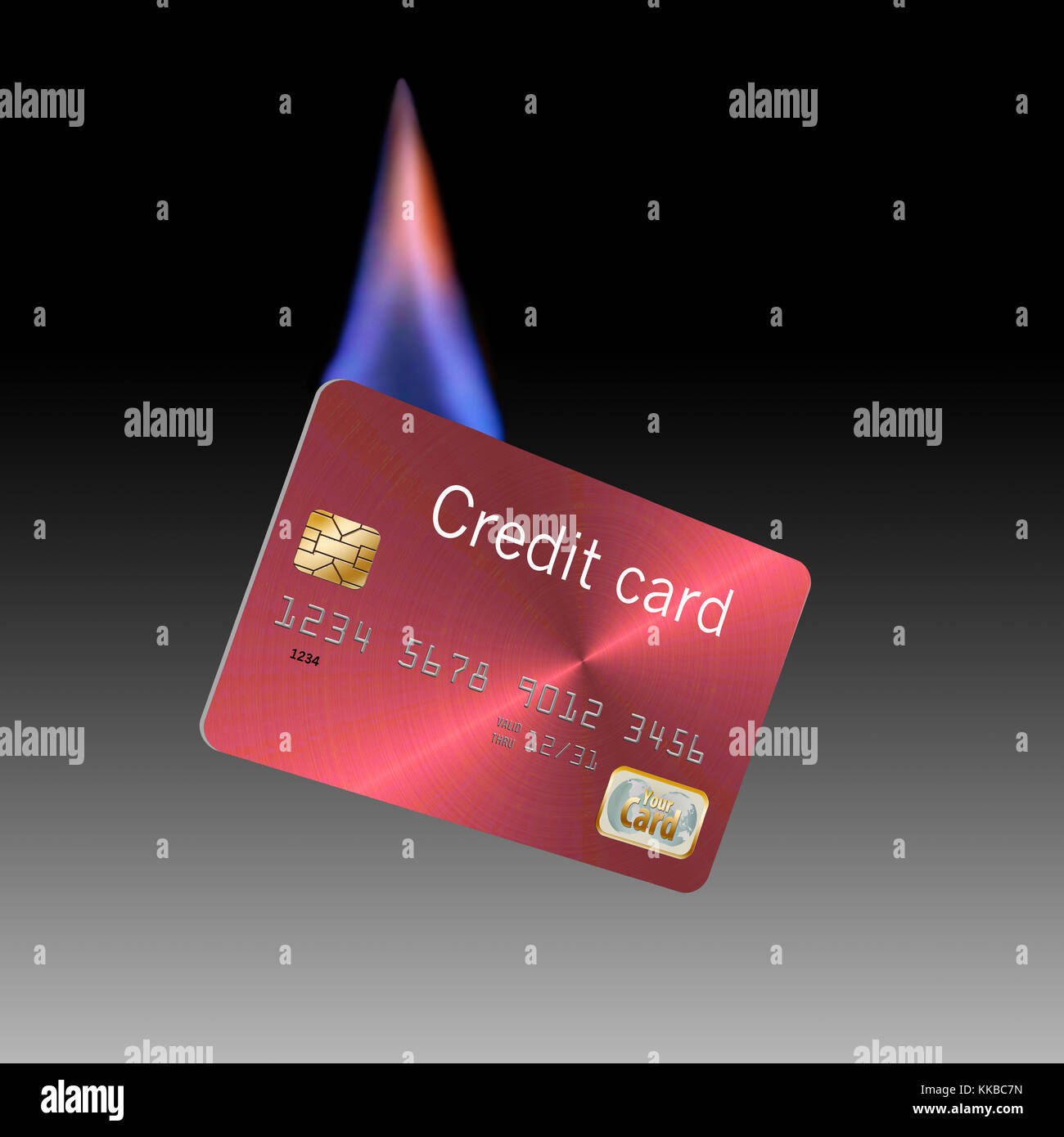 Una carta di credito che brucia fiammeggiante rappresenta una carta danneggiata e va con le idee su come sostituire quella carta persa o danneggiata. Foto Stock